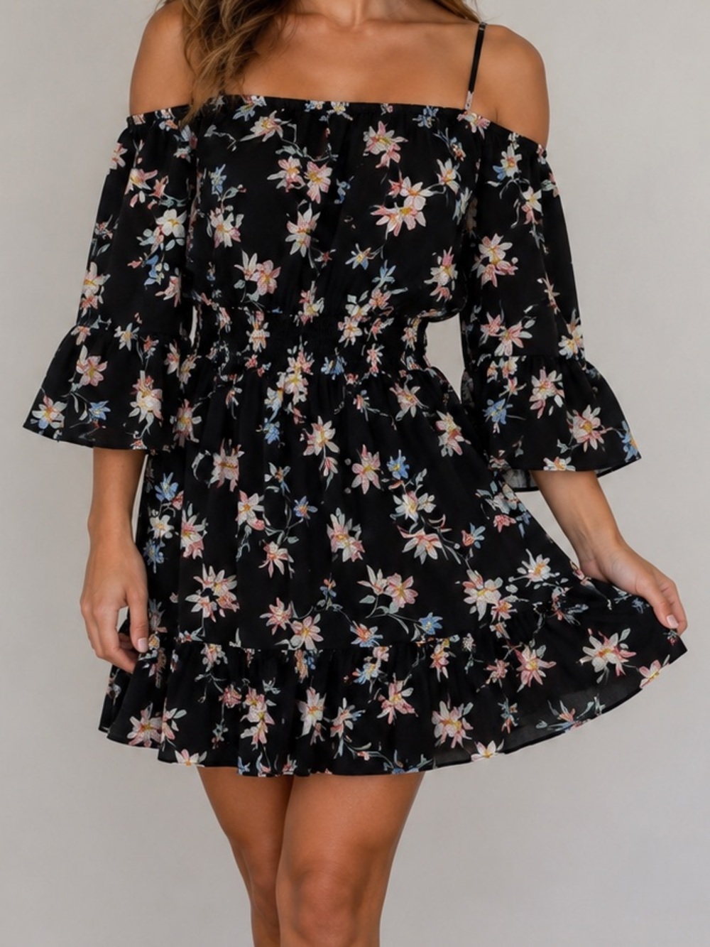 H&M Black Floral Off-the-Shoulder Mini Dress | Size 4 | Bell Sleeves